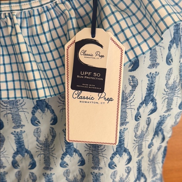 Classic Prep Blue One Piece Swimsuit with Lobster Print - Picture 2 of 3